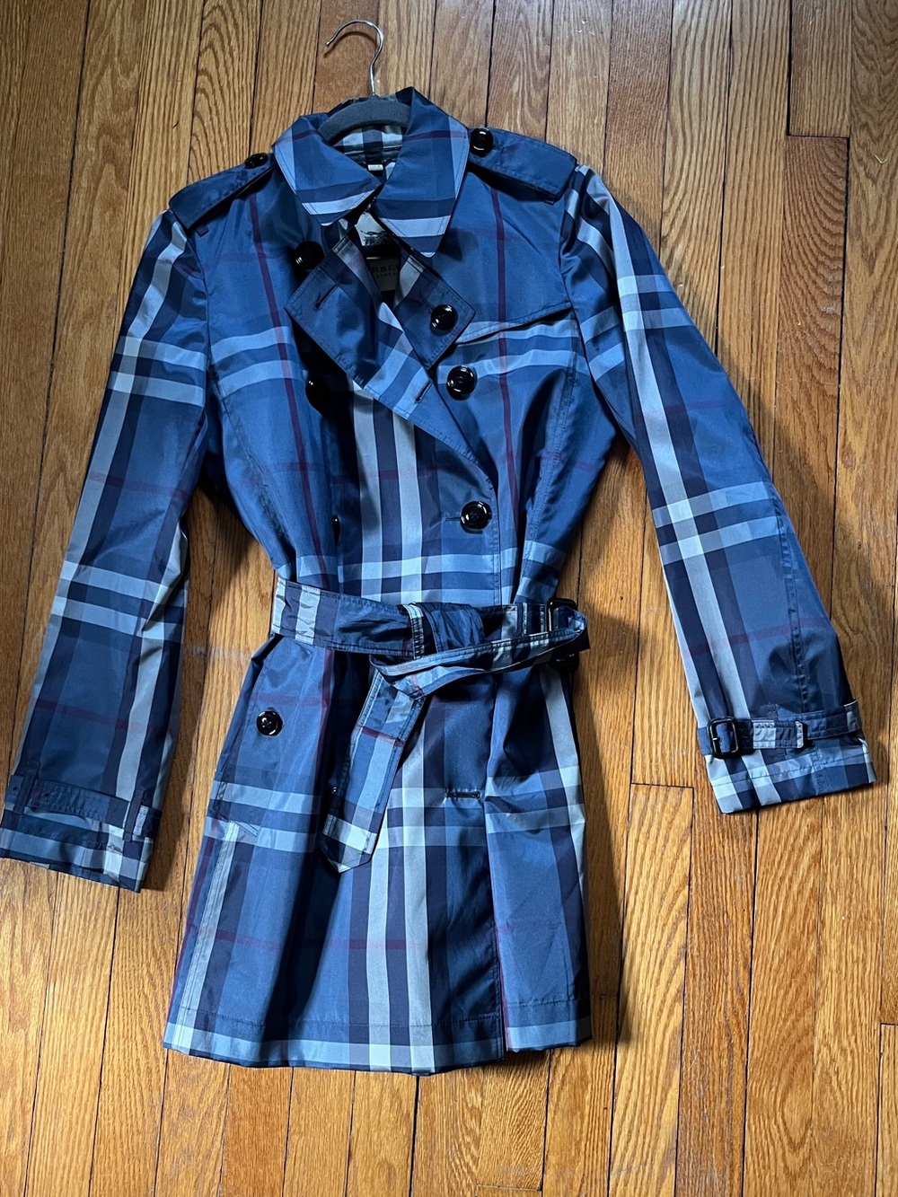 Burberry Blue Plaid Double-Breasted Trench Coat